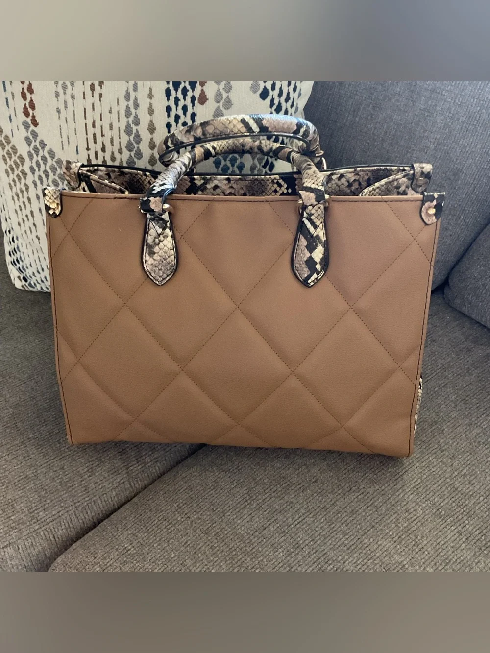 Chico’s Structured Camel and Black Tote Handbag with Snake-Print Trim NWOT